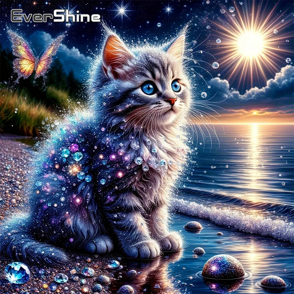 EverShine Diamant-Mosaik Katzenbild Strass-Stickerei Küstenlandschaft Vollquadrat DIY Diamantmalerei Tier Urlaubsgeschenk
