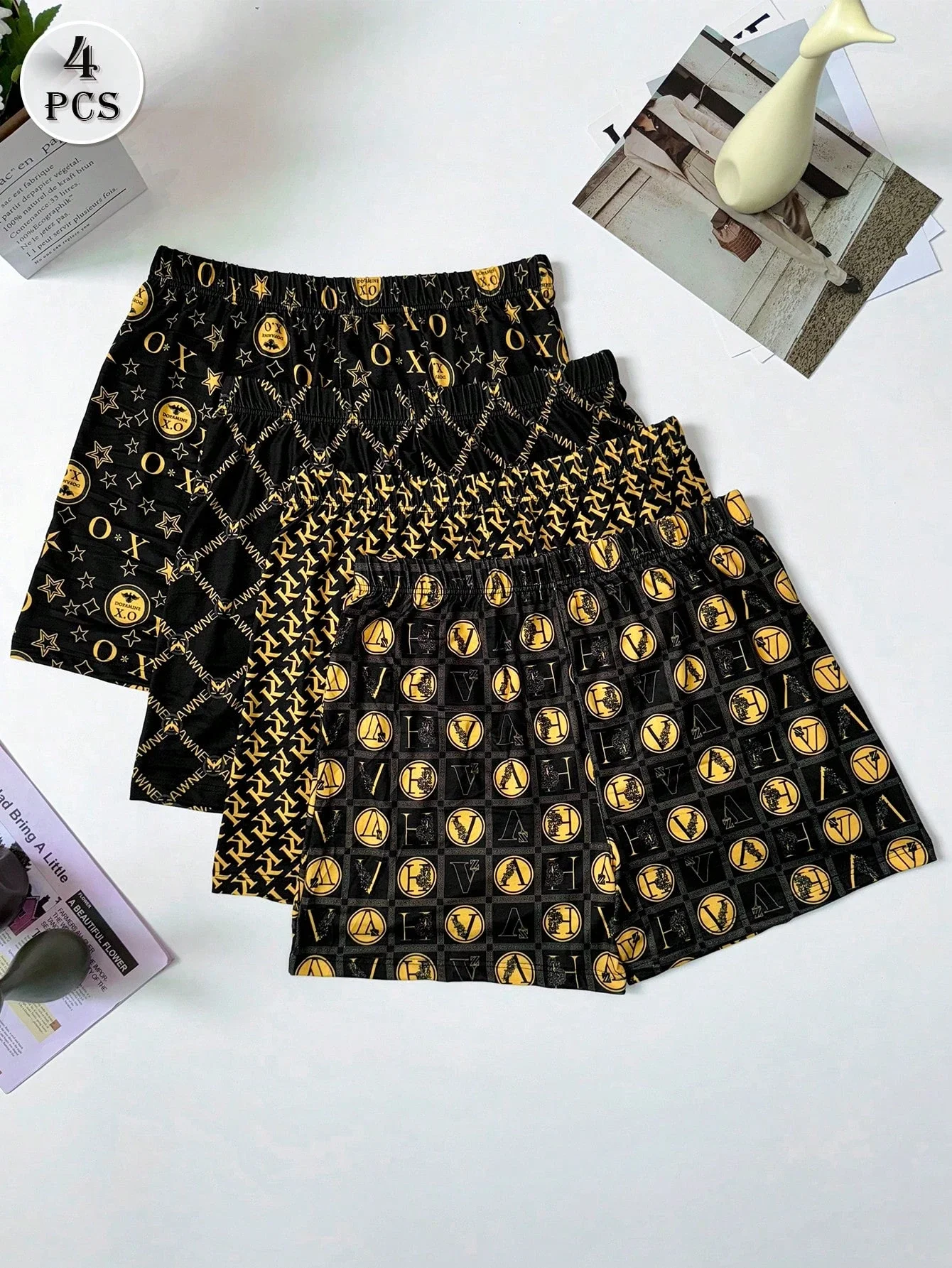 

4 шт. мужских трусов-боксеров с принтом, эластичной талией, свободного кроя, дышащего материала