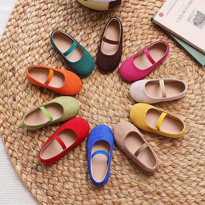 Spring Autumn Shoes for Girls Dopamine Color Velvet Mary Jane Shoes Child Soft Sole Elastic Band Ballet Flats Kids Casual Shoes