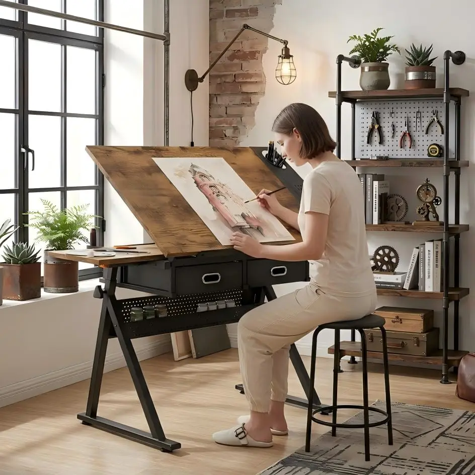 Adjustable Drawing Table with Stool, 2 Drawer Drafting Desk for Artists, Tiltable Tabletop for Home Office, School & view 2