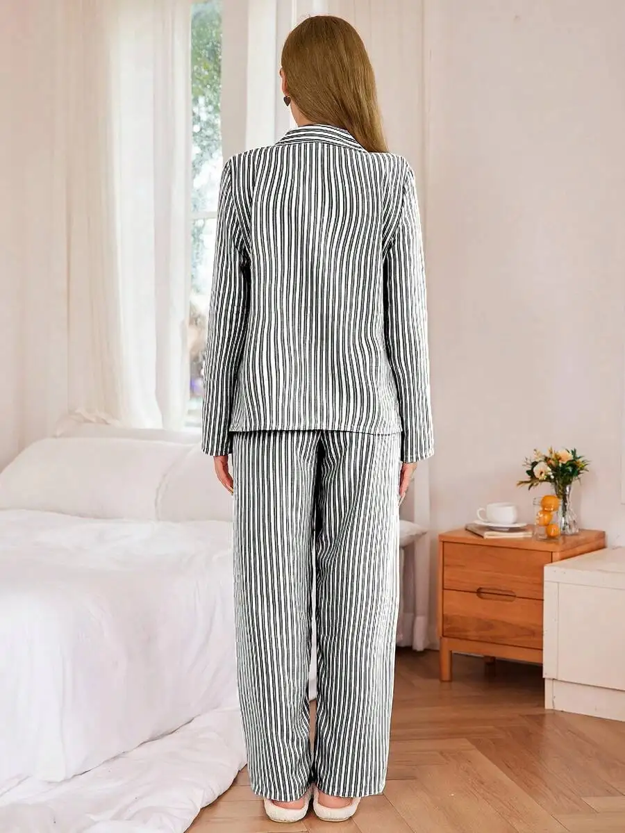 

Black Striped Lapel Sleepwear Set Loose Casual Women Pajamas Fall Winter