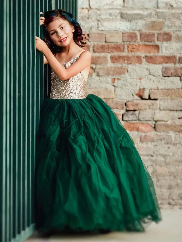 

Flower Girl Dresses Gold Sequins Top Green Dress Halter Backless Tulle Sleeveless For Wedding Birthday First Communion Gowns