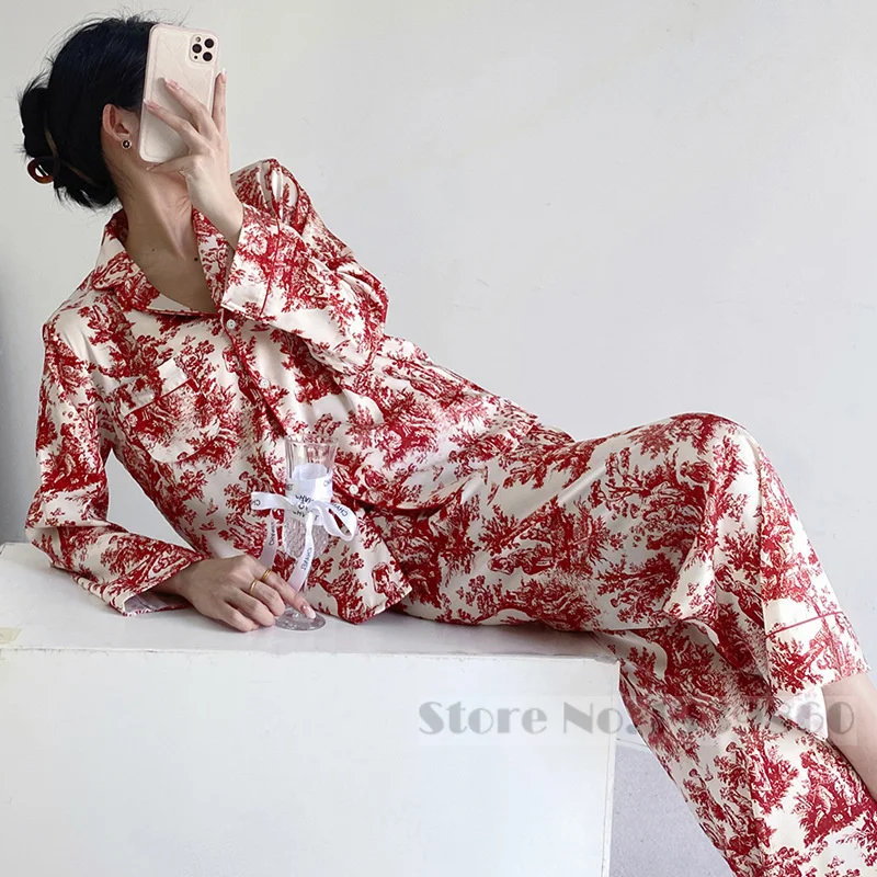 Female Pajamas Set Loungewear Red Print Flower Long Sleeve Trouser Suits Sleepwear Loose Satin 2PCS Shirt&pant Home Clothes