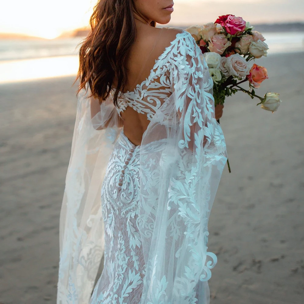 Long Batwing Sleeves Embroidered Lace Wedding Dress Deep V Neck Off Shoulder Tulle Custom Made Mermaid Cutout Luxury Bridal Gown