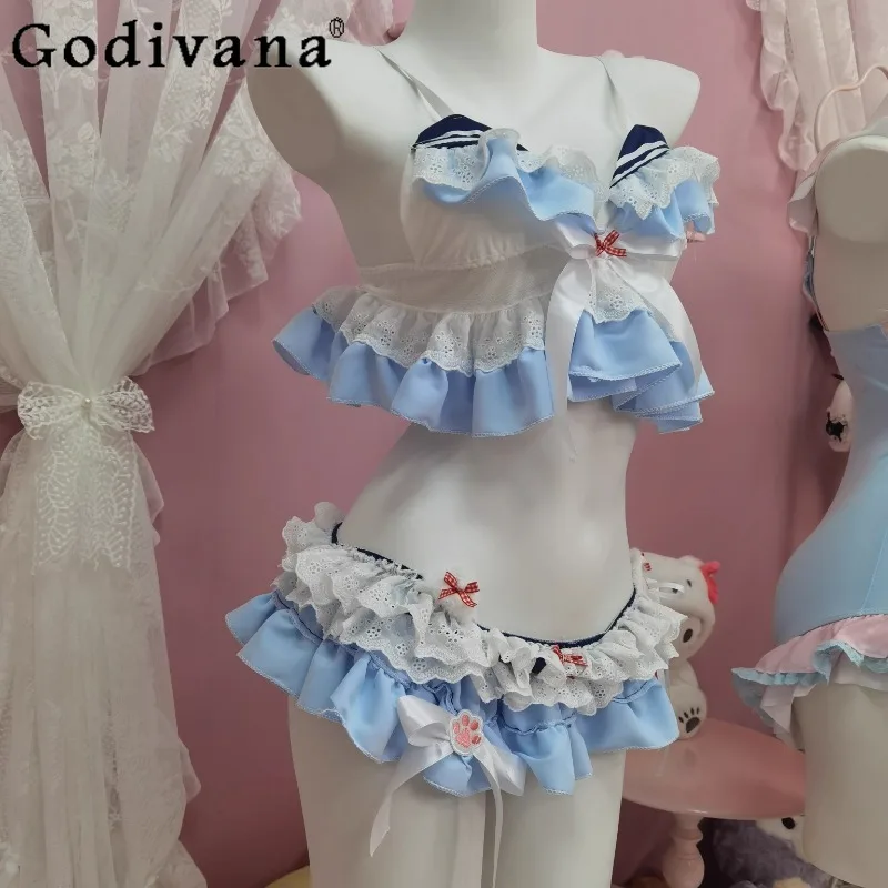 مثير الرغبة النقية أعلى السراويل مجموعة النساء الحلو الأصلي لطيف أعلى البسيطة السراويل الإناث الأبيض الأزرق قطعتين ملابس قصيرة الصيف