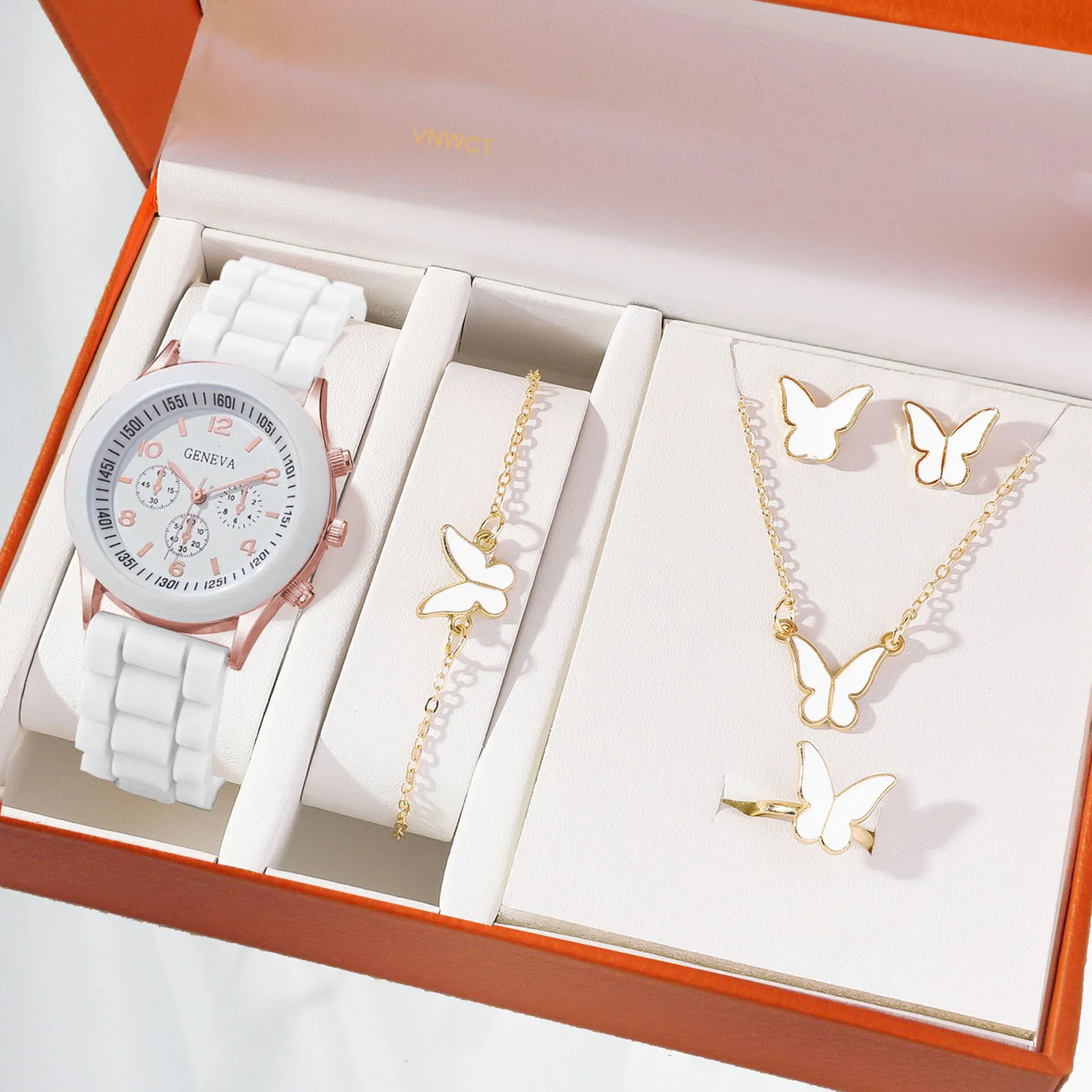 Reloj de cuarzo Geneva de silicona blanco para mujer, conjunto de joyería de mariposa, reloj Digital deportivo para mujer, regalo de vacaciones, moda informal