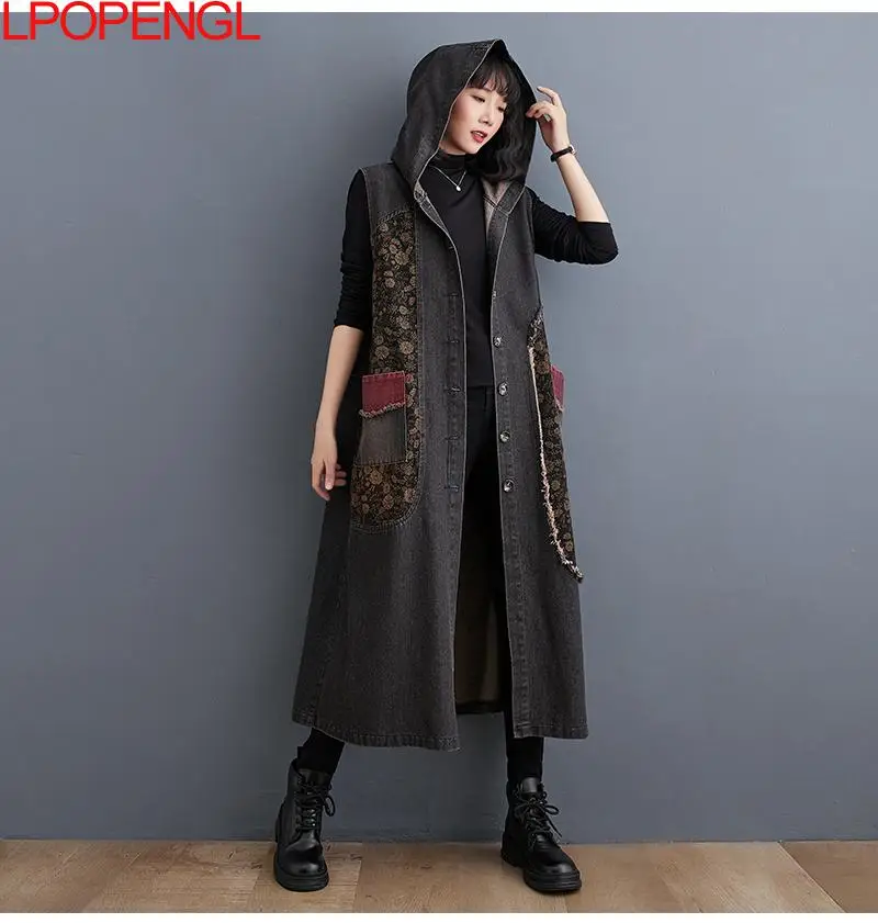 Hooded Fashion Denim Fall/winter 2023 Women\'s Sleeveless Single-breasted Large Pockets Vintage Print Panels Casual Long Coat