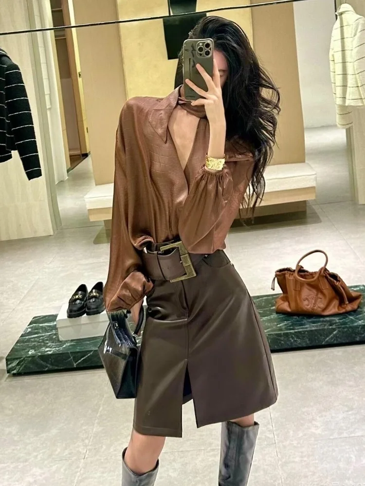 New Fashion Spring Autumn 2 Piece Set Women Small Fragrance Loose Long Sleeve Shirt + Split Slim A-line Pu Skirt Outfit
