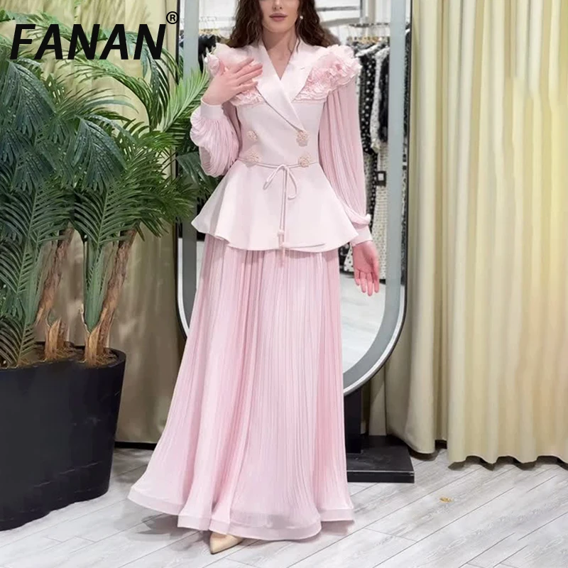 

FANAN Elegant 2 Piece Set Women's 3D Flower Double Breasted Coats+high Waist A-line Skirts Office Lady Clothes 2025 Autumn New