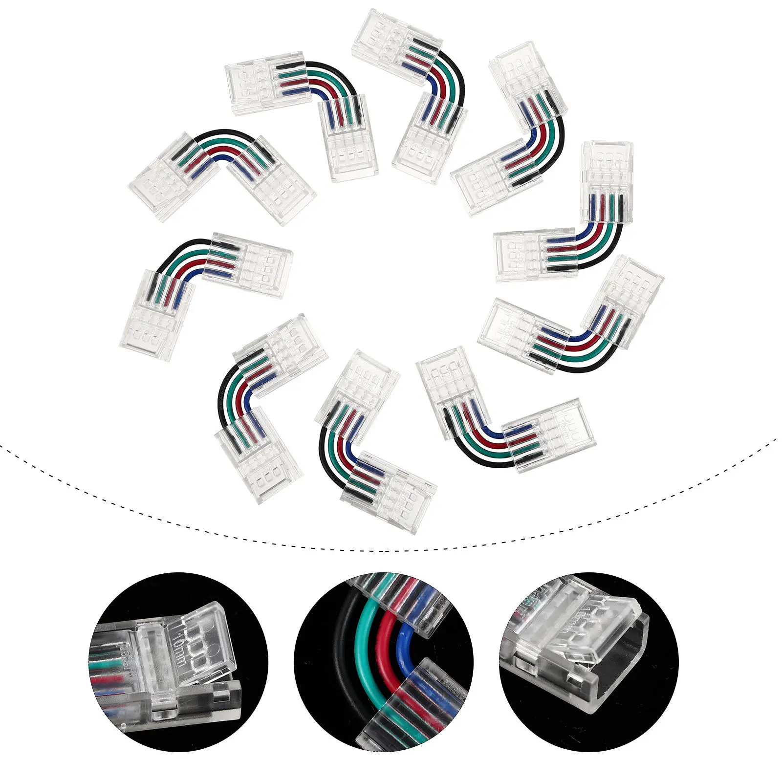 10pcs 4-Pin L-Shaped LED Connectors for Strip Lights, 10mm Width, Solderless 90° RGB-Compatible, Fireproof ABS