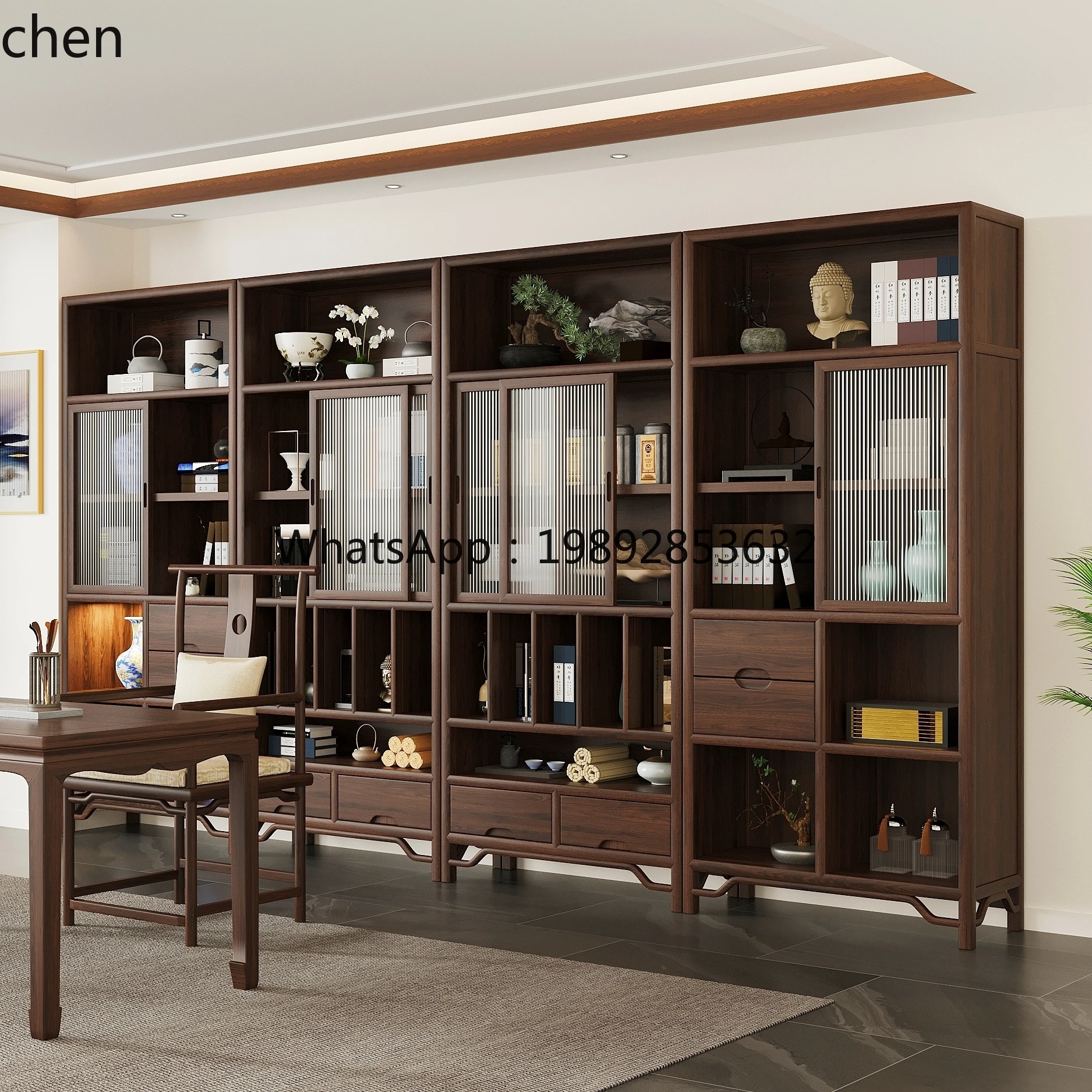 solid wood sliding glass bookshelf living room bookcase with cabinet door floor tea room locker - view 4