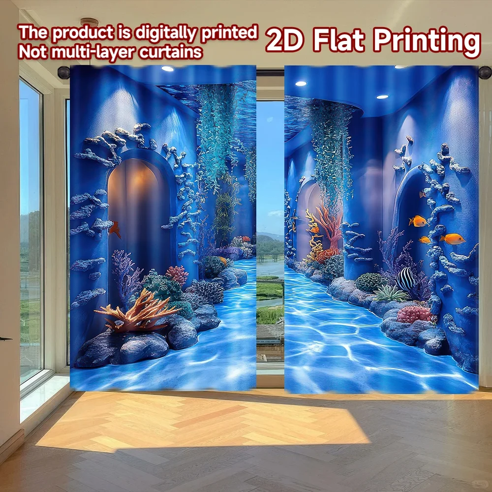 

2D flat printing 2pcs Scene Curtains Underwater Themed Hallway Digital Printed Polyester Drapes Holiday Decorations for Booths
