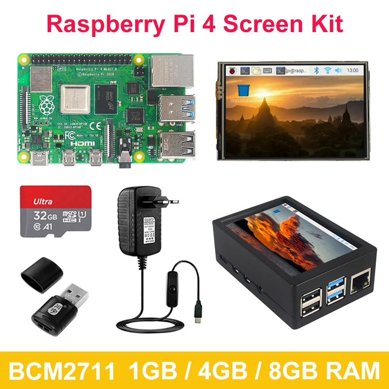 Raspberry Pi 4 Model B 8GB 4GB 1GB RAM With 3.5 Inch Touch Screen Display 480x320 LCD USB-C Power Supply Adapter Cooling Fan