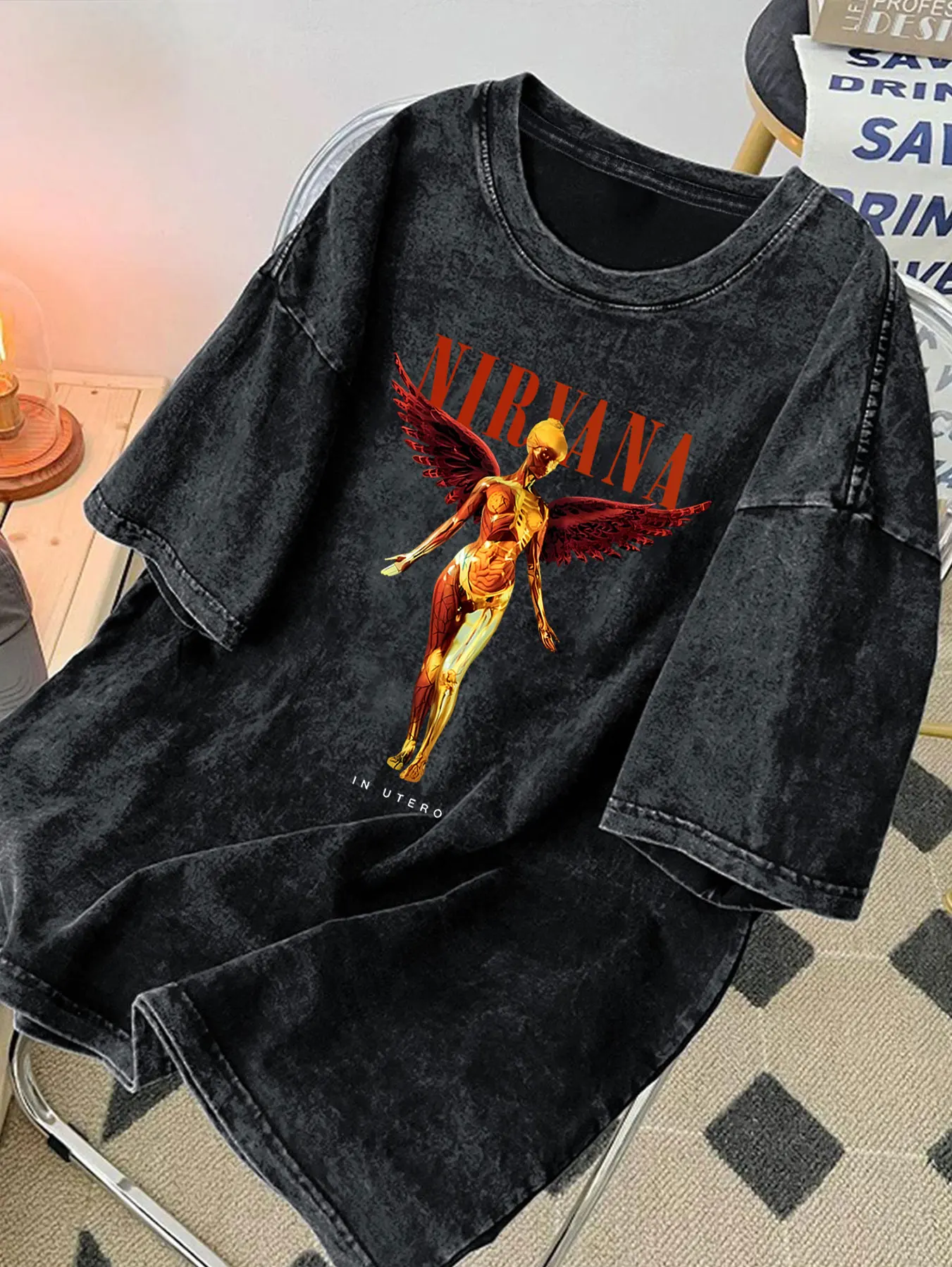 Camisas vintage lavadas com padrão ROCK para mulheres Camisetas gráficas Y2k Top Shirts Roupas de moda unissex