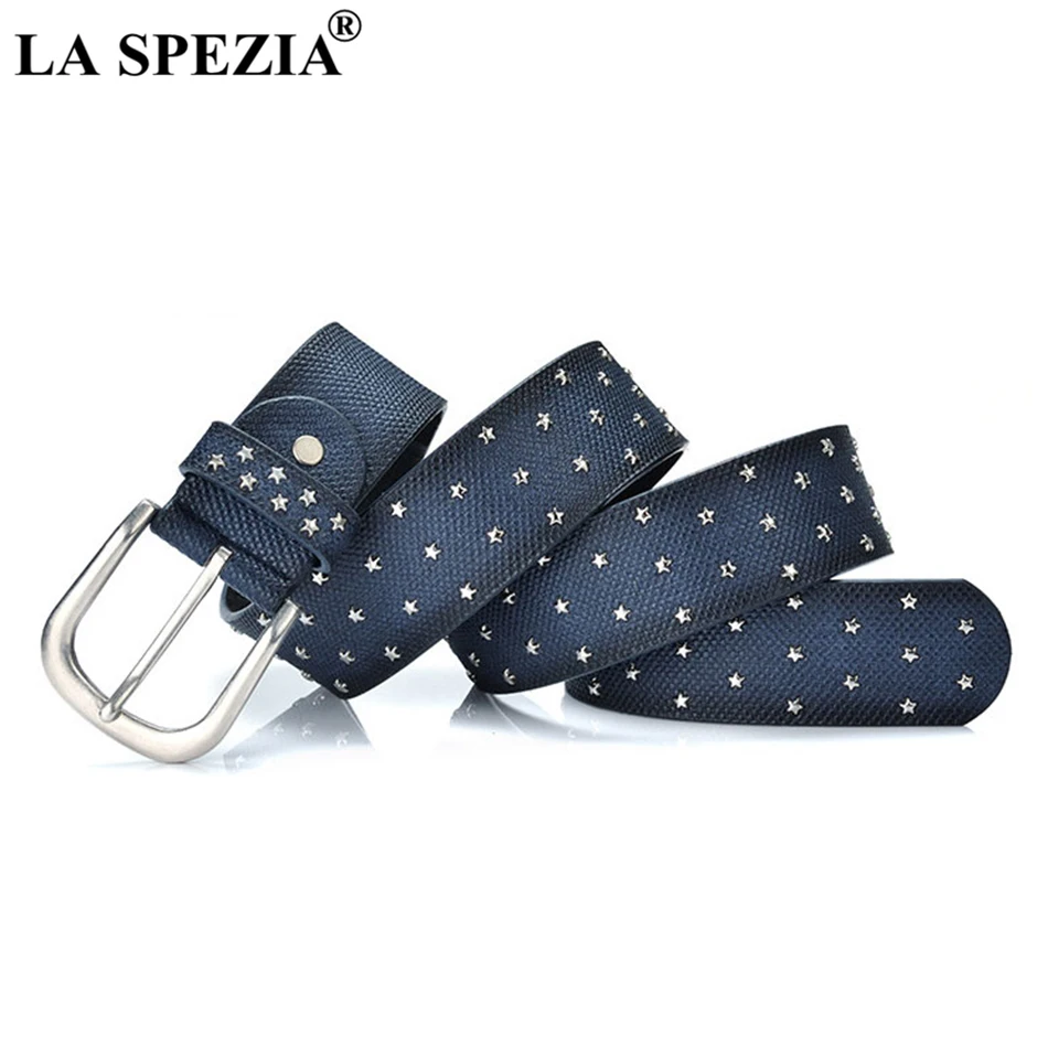 LA SPEZIA Leather Belt Women Rivet Grey Pin Belts Female Star Decorate Fashion Brand Genuine Cow Leather Ladies Belt For Jeans