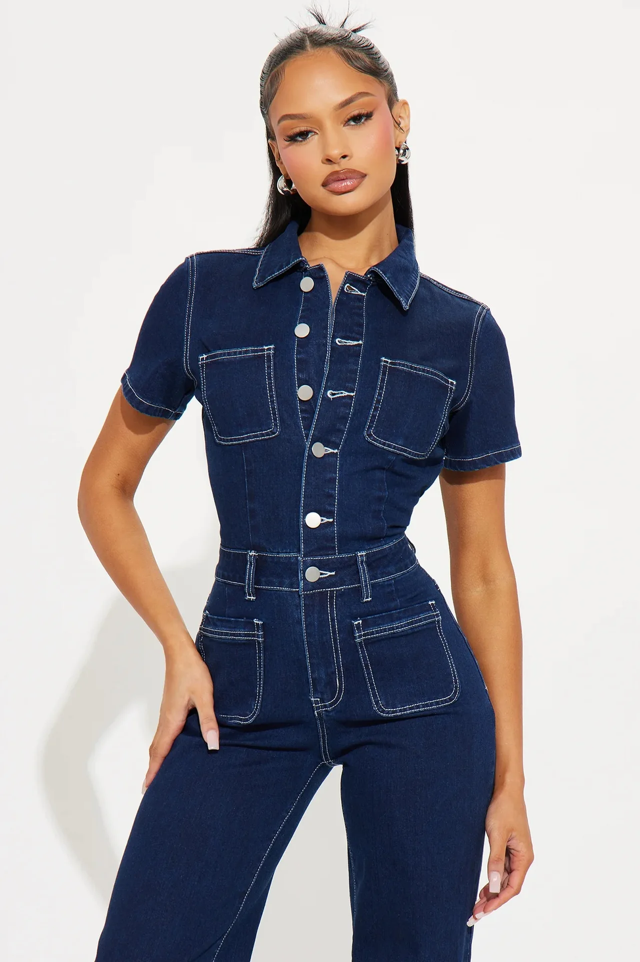 Women Jumpsuit Summer Fashion Slim Fit Short Sleeve Patch Pocket Stretch Denim Jumpsuits  Casual Workout Wide Leg Jeans Rompers