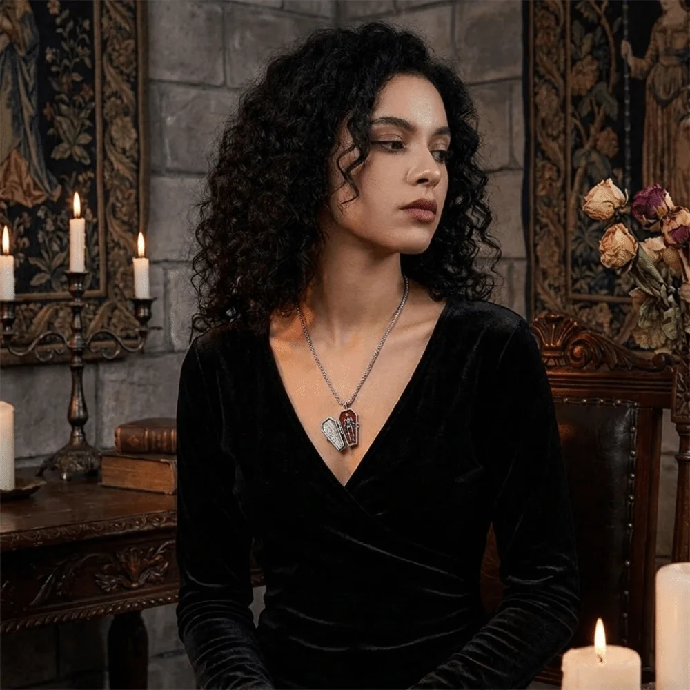 Stainless Steel Heart Pendant Necklace Dark Red Crystal Thorn Vine Flower Skull Choker Openable Coffin Punk Skull