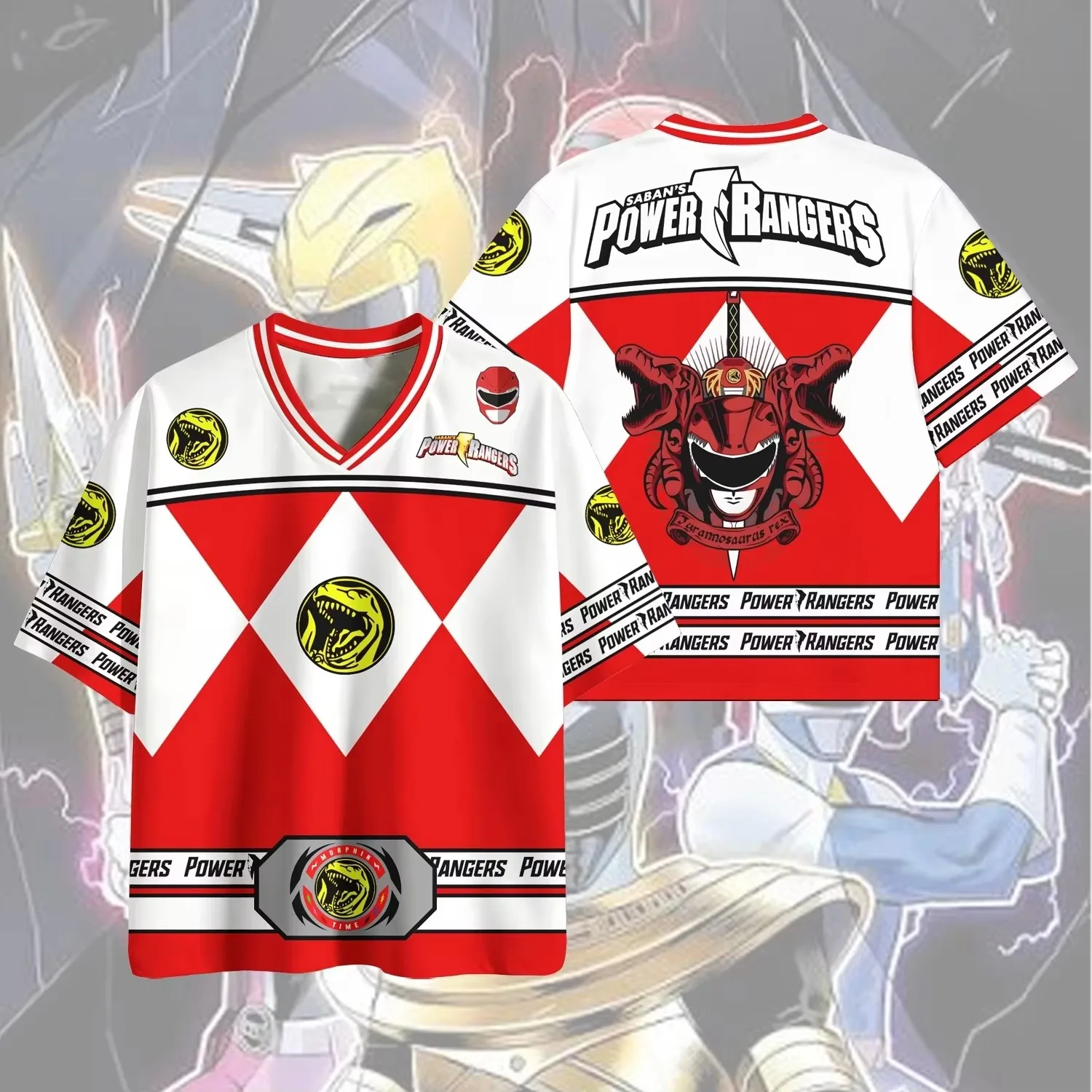 New Power Rangers Series Y2K Men's Tokusatsu Anime V-Neck Jersey Summer Fashion Casual Short-Sleeve Top FamilyMatching