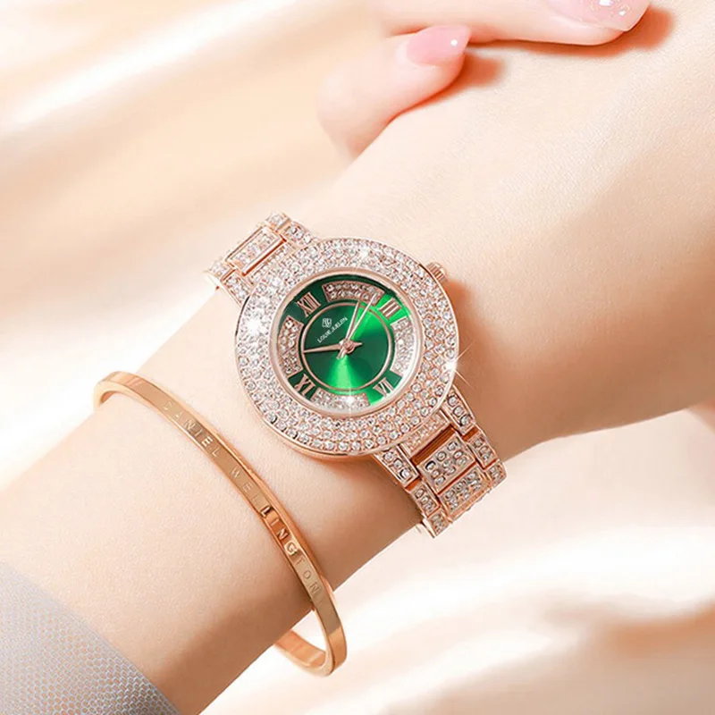 Luxury Ladies Quartz Watch Full Rhinestone Inlay Luminous Dial 30M Waterproof Alloy Case Elegant Women Wristwatch