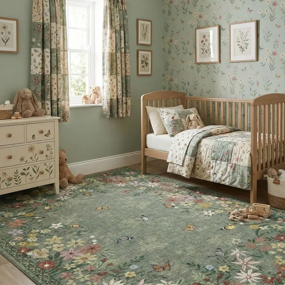 Green Floral Area Rug 4x6, Lightweight Non-Slip, Washable Boho Design for Living and Dining Rooms