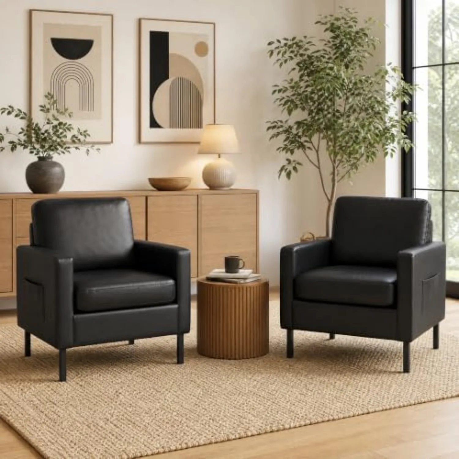 Mid Century Black Leather Mordern Accent Chairs Set of 2 for Living Room | Cloud Small Sofa With 2 Side Pockets Thick