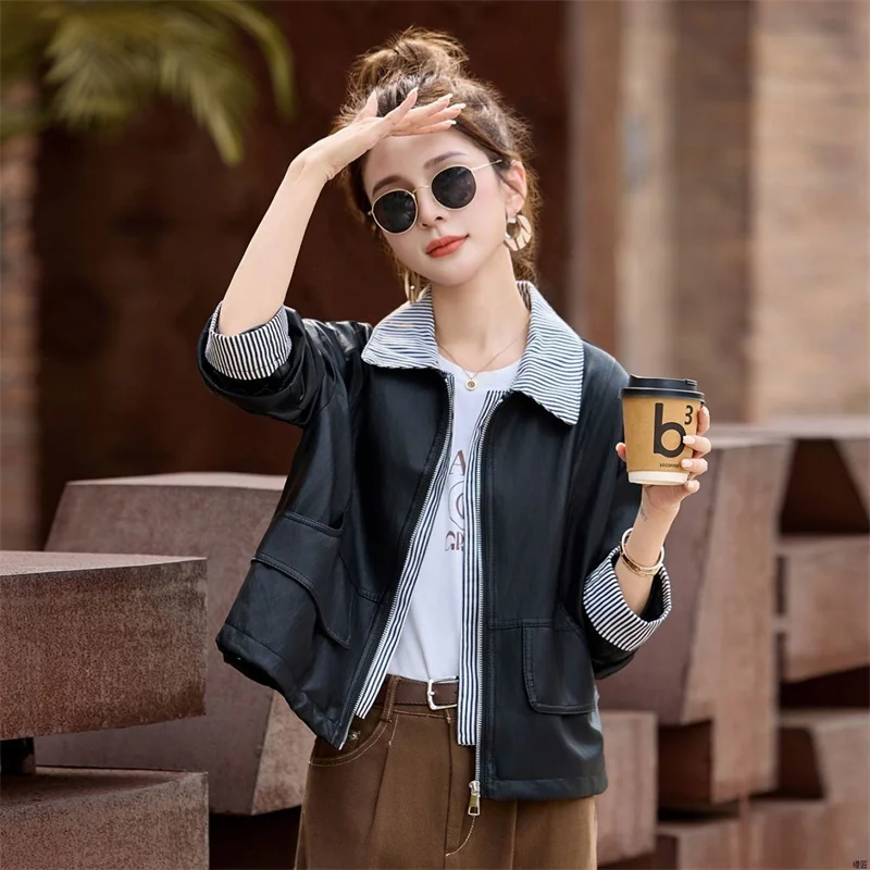 High-end Fake Two Piece Leather Jacket Women's 2026 Spring Autumn New Loose Retro Versatile Patchwork Leather Coat Outerwear