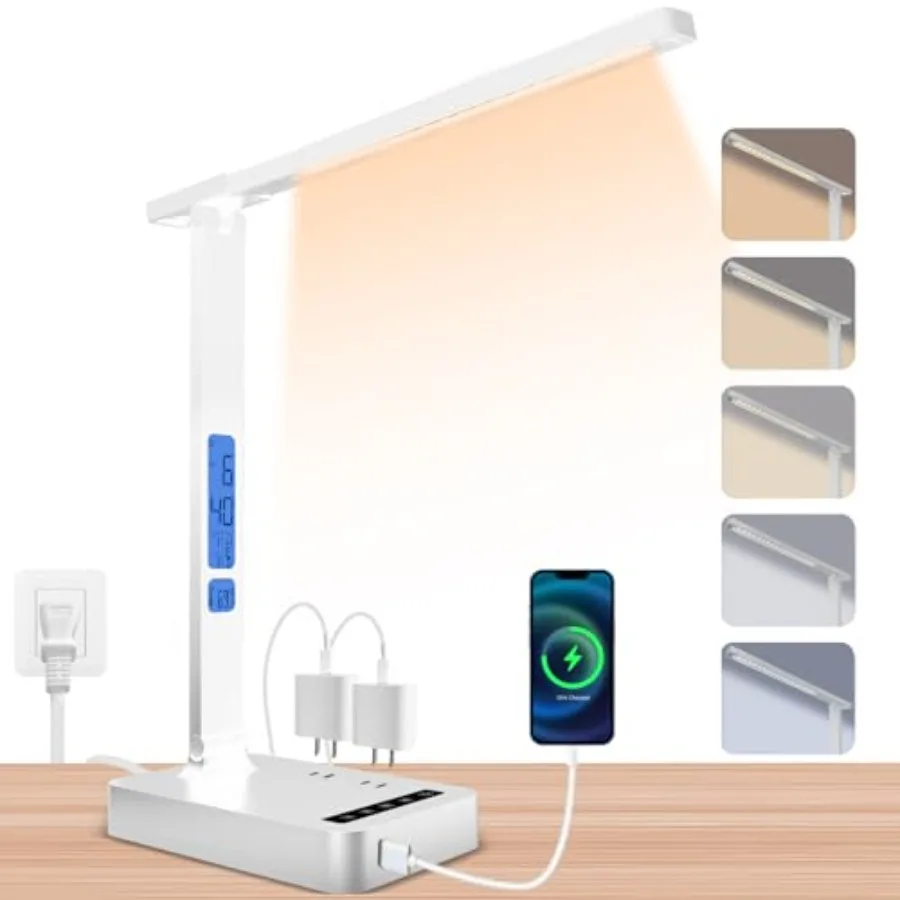 

Smart Desk Lamp with Dual USB Charging Type-C/USB-A and 2 AC Outlets, Digital Clock, Temperature Display, 5 Color Modes, 5 Brig