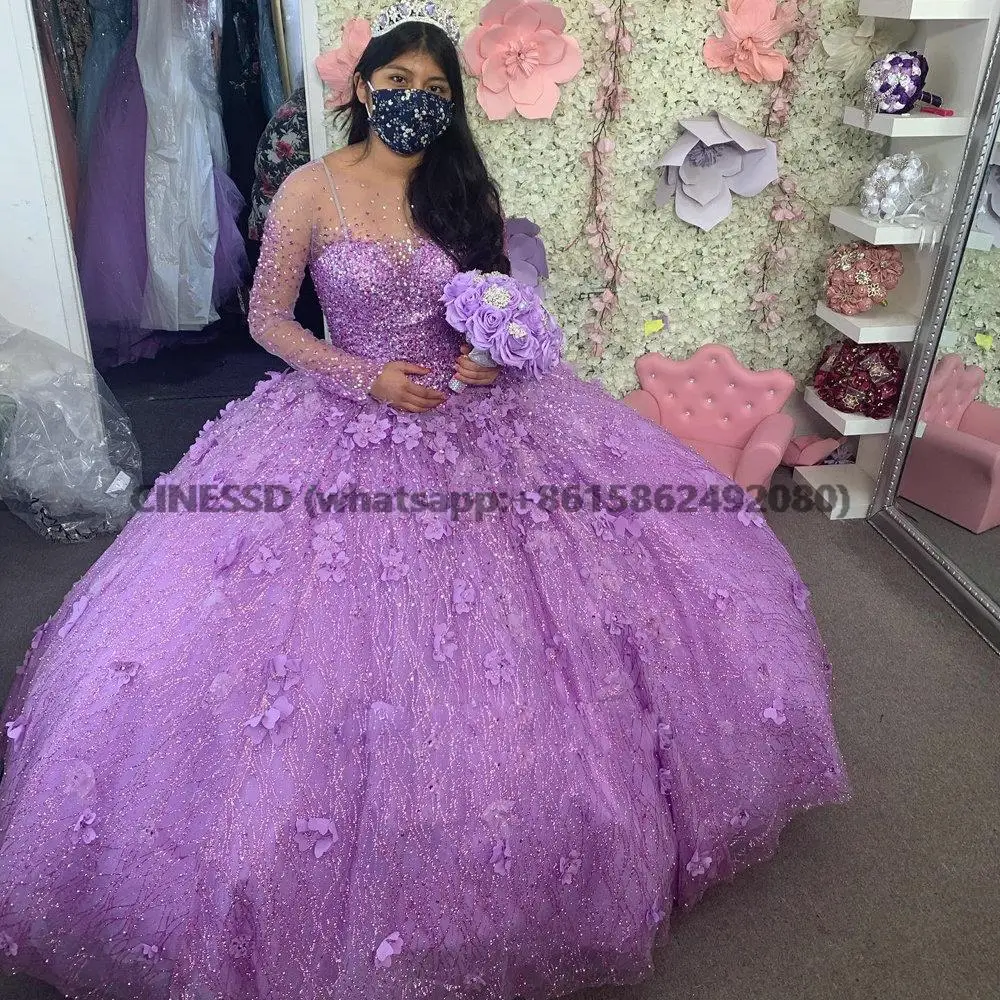 

Purple Sparkly Crystal Handmade Flowers Ball Gown Quinceanera Dresses Long Sleeve Beading Sequined Corset Princess Sweet 15 Prom