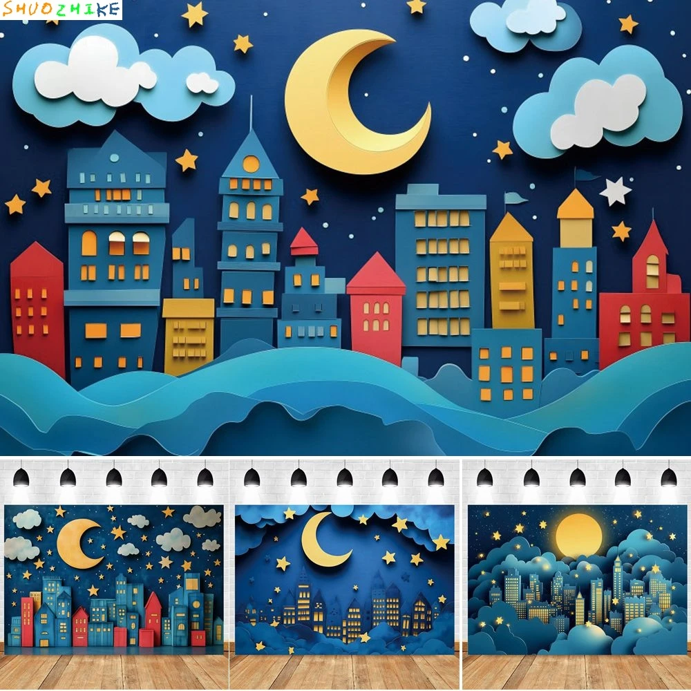 

Night City Buildings Backdrop Moon Stars Baby Shower Kids Birthday Party Decoration Photography Background Photo Studio Props