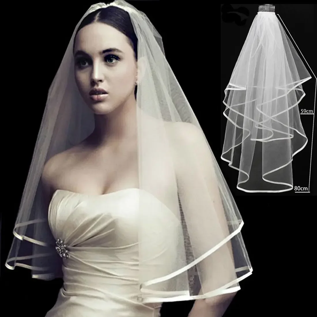 New 2T White or Ivory Wedding Bridal Veil With Satin Edge Comb Elbow Elegant 2024