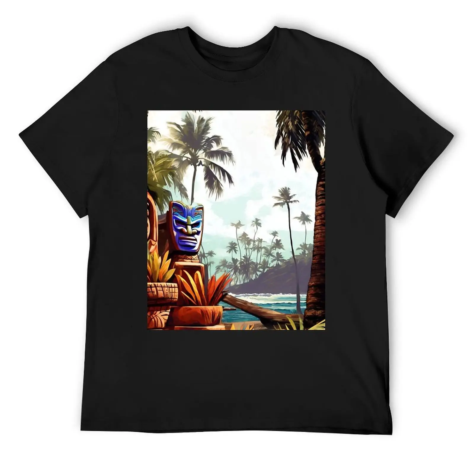 

Tiki landscape by the river T-Shirt man t shirt plus sizes korean fashion fitted t shirts for men