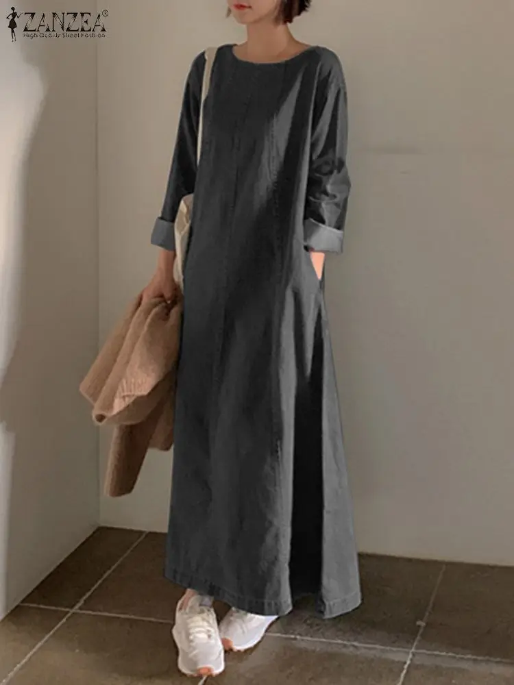 ZANZEA Long Sleeve O Neck Vestidos Streetwear Jeans Robe Kaftan Autumn Elegant Overalls Dress Women Vintage Denim Blue Sundress