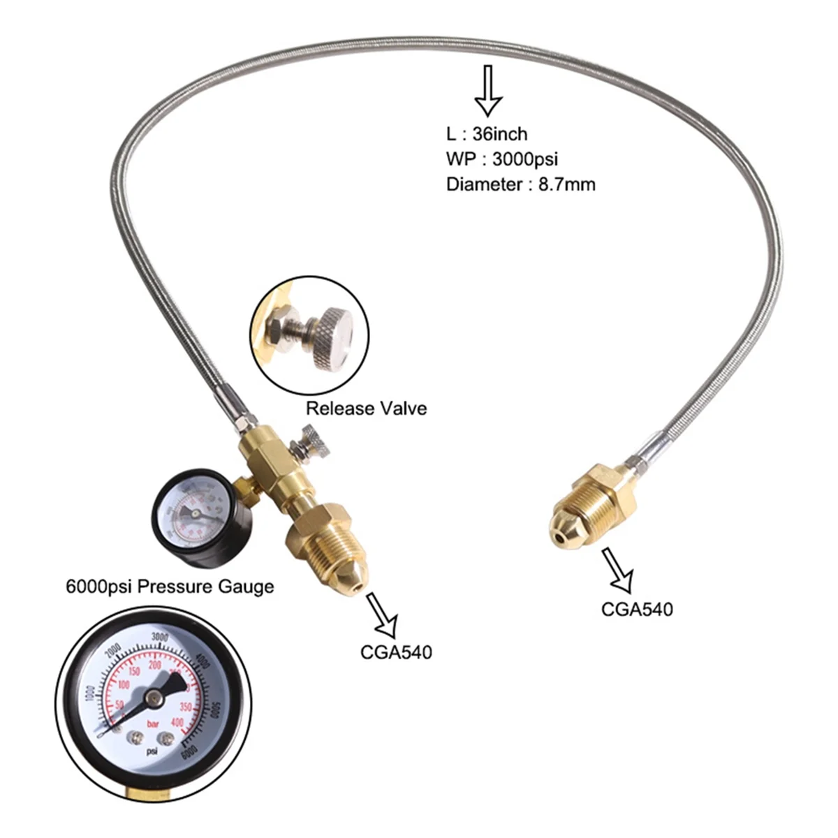 Nitrogen Helium 36-Inch Stainless Steel Braided Connecting Hose CGA540 Fitting with Pressure Gauge