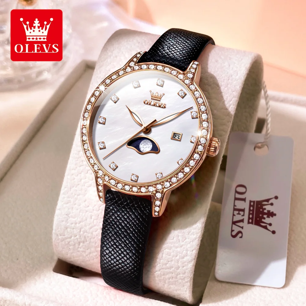 OLEVS Womens Wrist watch Classic Fashion Watches Leather Watch Bands Quartz Watch For Woman Waterproof Date Moon 5597