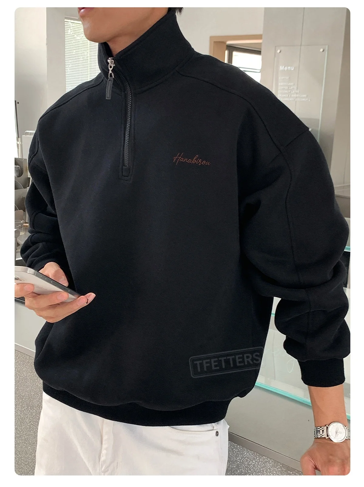 TFETTERS EU Size 2026 Autumn Casual Half Zip Pullover Men Stand Collar Minimal Letter Embroidered Long Sleeve Sweatshirt Man