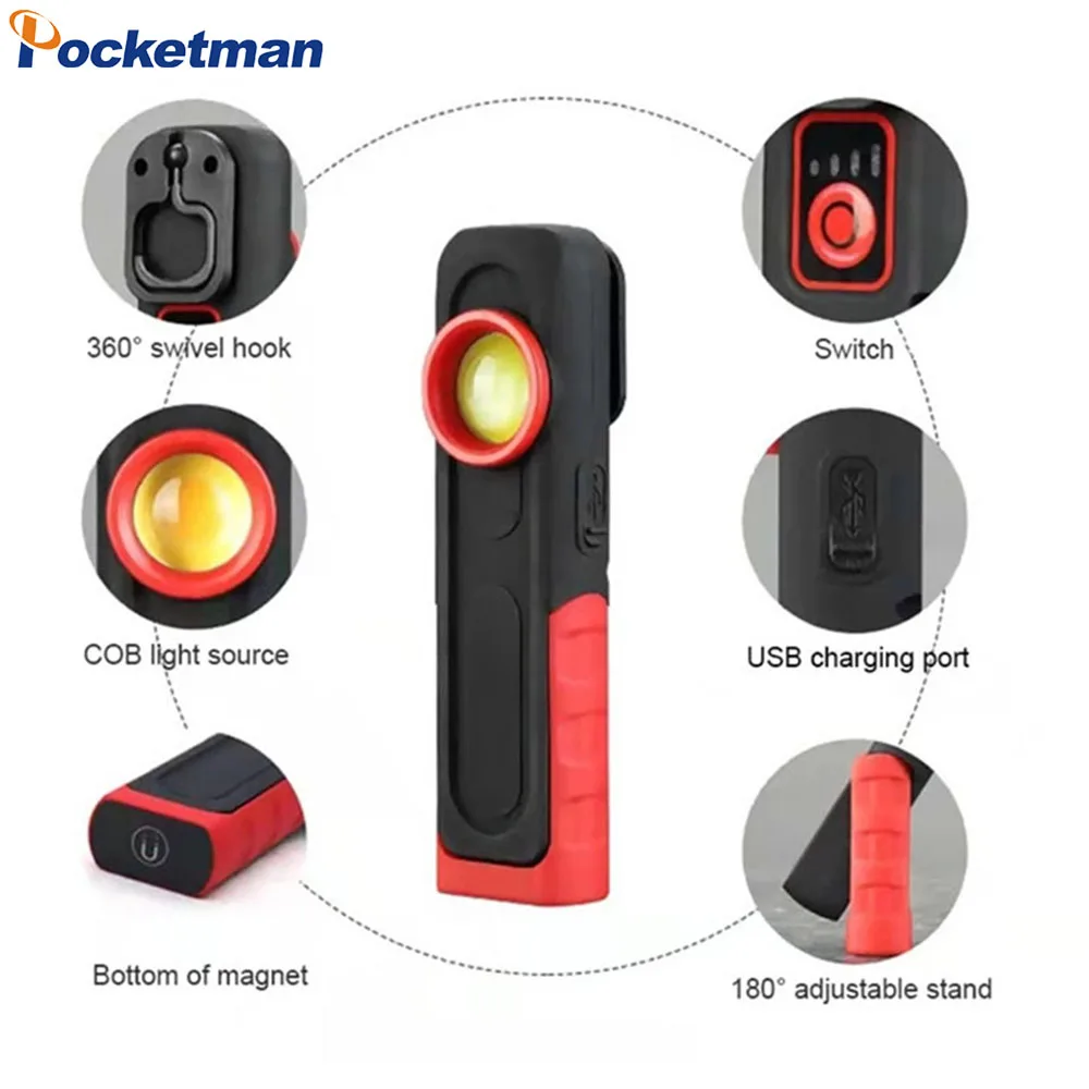 Super Bright COB LED Work Light Portable LED Flashlight Rechargeable Camping Light with Hook Tent Light Torch Inspection Light