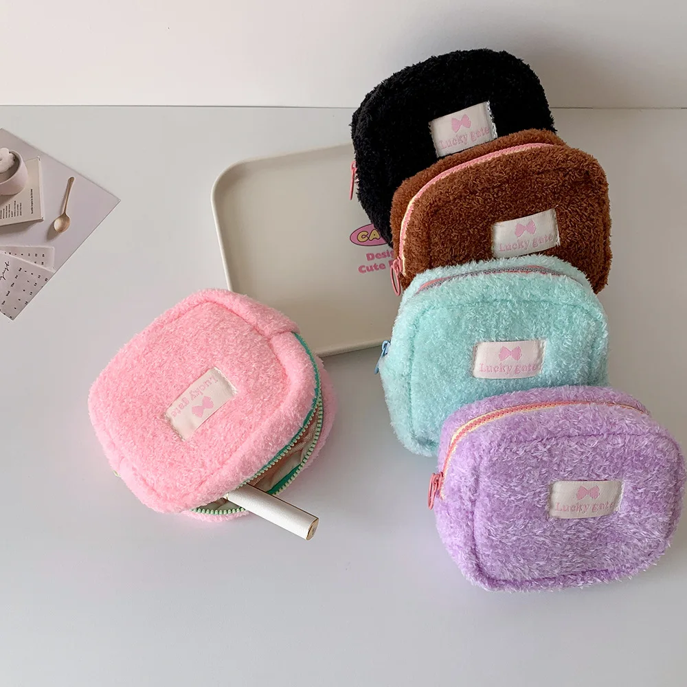 Ins Small Cosmetic Organizer Plush Square Makeup Bag Zipper Coin Purse Student Earphones Data Cable Sanitary Pad Pouch Wash Bag