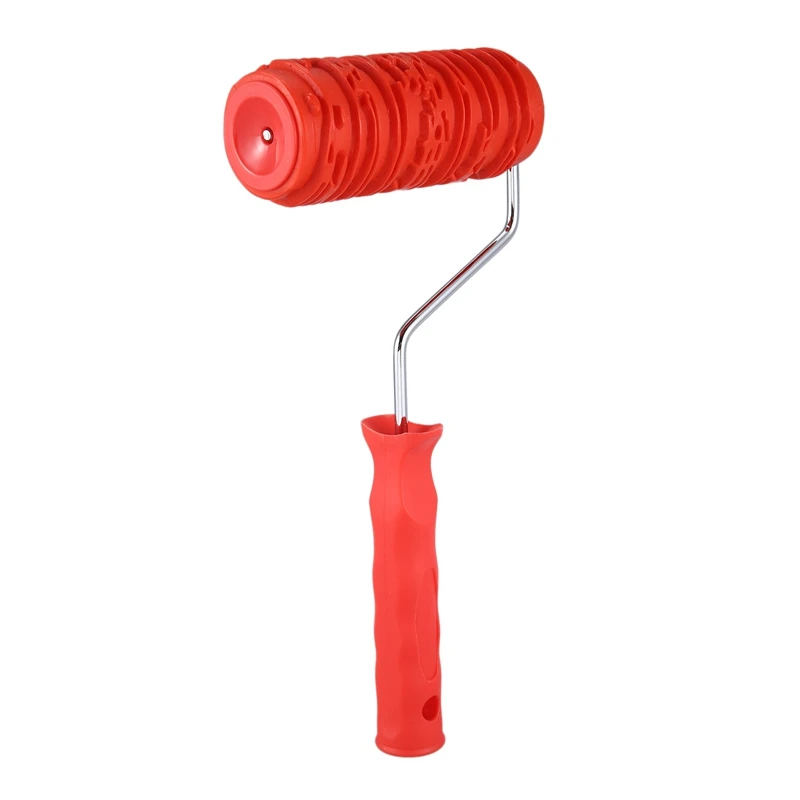 6 Inch Painting Roller with Handle Rubber Wood Pattern Graining Knurling Tool for Wall Decoration Red