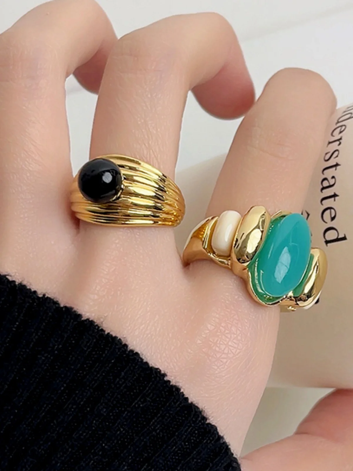 

French Chic Natural Blue Amazonite Ring for Women Light Luxury Vintage Fashionable Unique Resort Style Highend Index Finger Ring