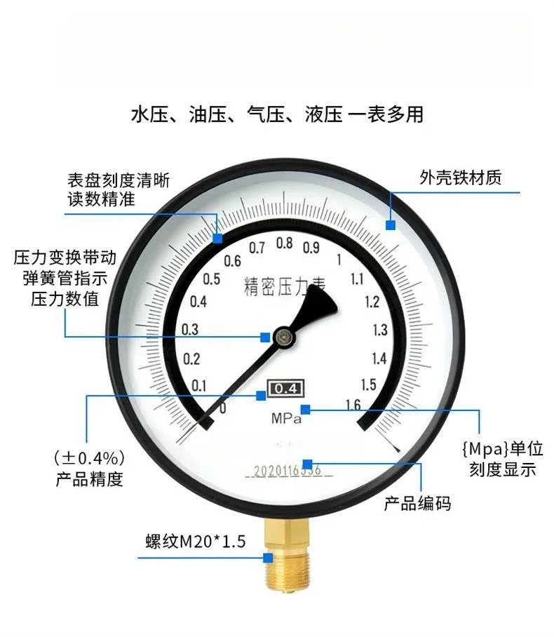 YB-150 precision pressure gauge 0.4 radial water pressure oil pressure barometer M20 * 1.5 high precision