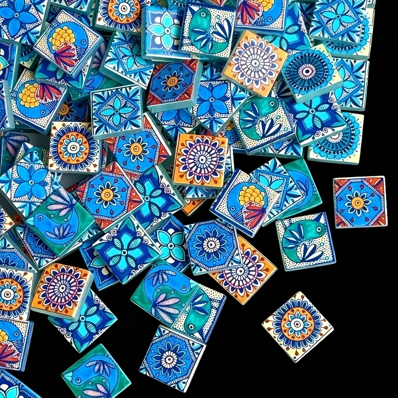 100/200 Grams of Blue Geometric Style Glass Mosaic Material, 2.3*2.3cm Floral and Bird Glass Mosaic Pieces, Suitable for Mosaic Creative Crafts, Home Decor Transformation, and Artistic Collage Creations