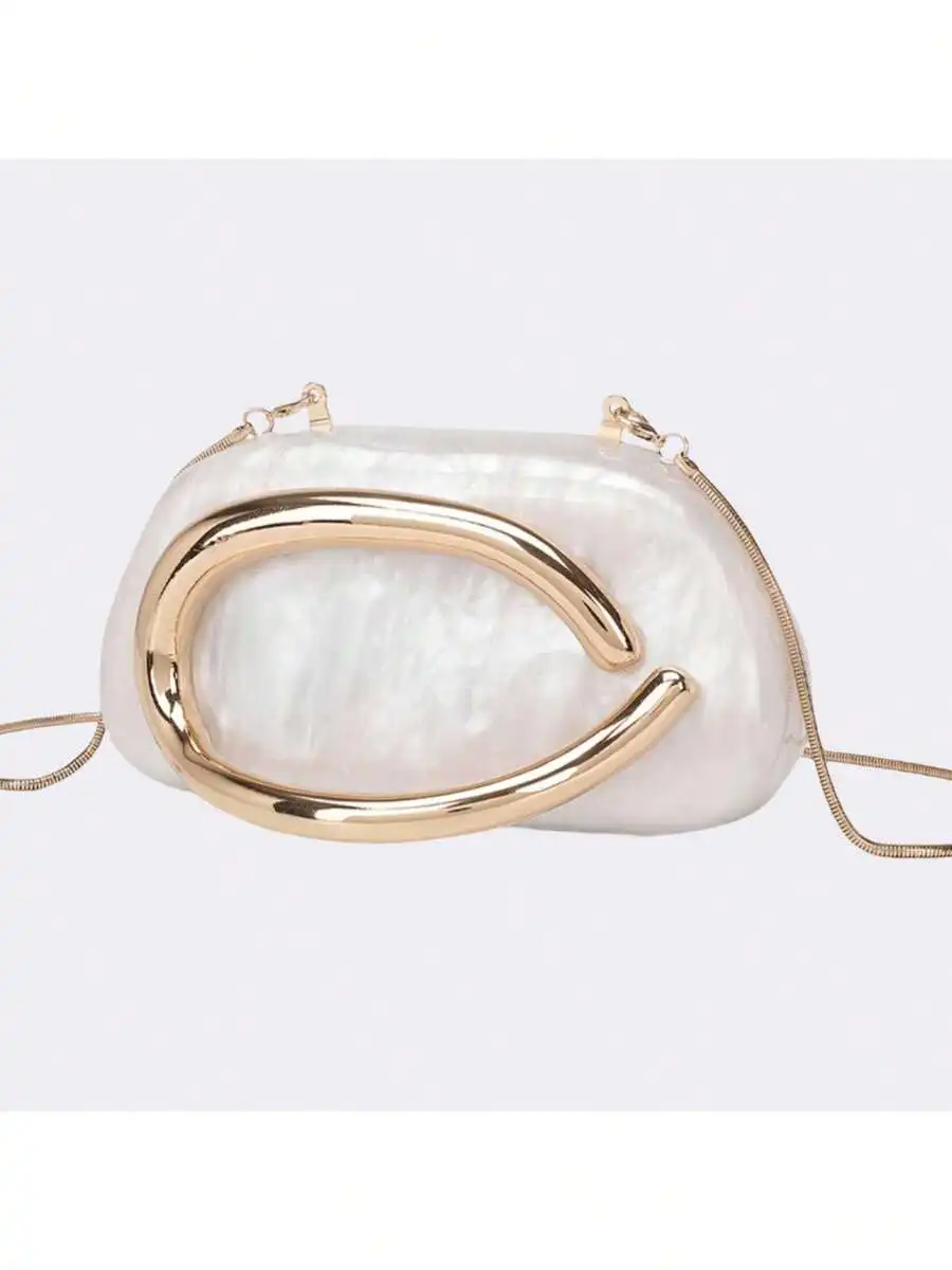 

Pearlescent Acrylic Evening Clutch With Gold-Tone Oval Frame And Adjustable Chain Strap For Weddings, Proms, Cocktail Events