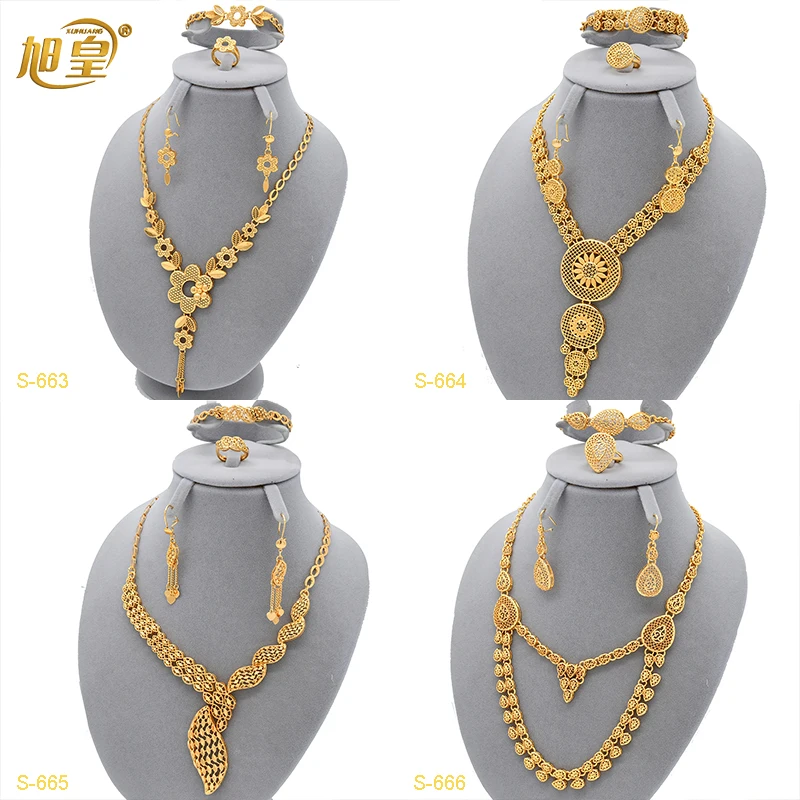 

XUHUANG African Flower Design Copper 24k Gold Plated Long Necklace Set For Lady Arab Nigerian Wedding Banquet Jewelry Sets Gifts