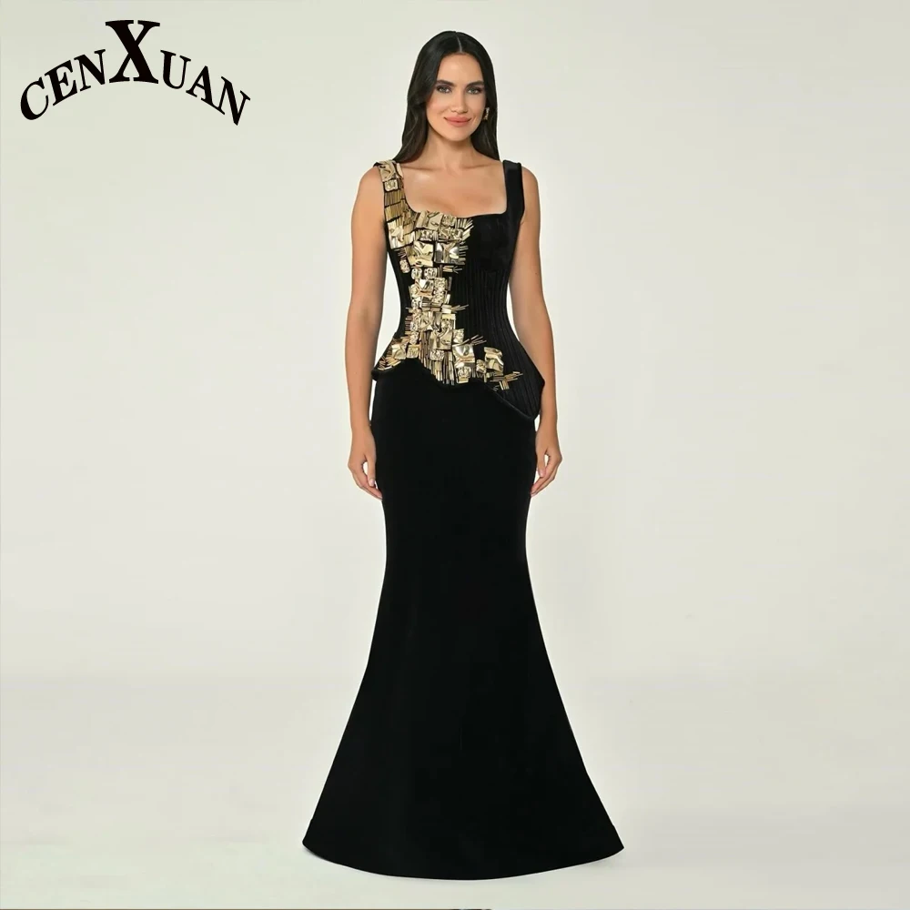 CENXUAN Luxurious Mermaid Women's Evening Dress Gold Metal Appliques Corset Square Neck Vestido De Noche Formal Gown Customized