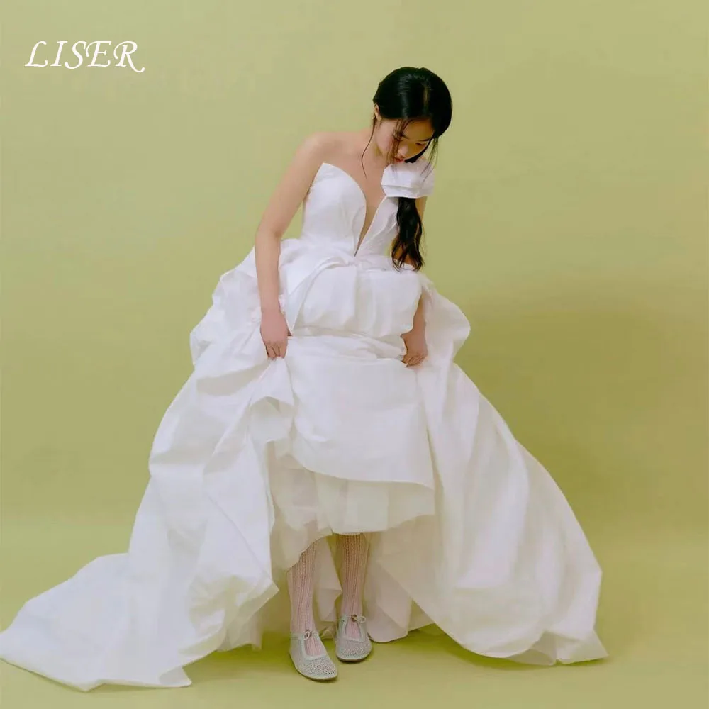 Liser Sparky Wedding Dress Strapless Corset Back Draped Ivory Taffeta Train A-Line Korea Photo Shoot Bridal Gown Customized