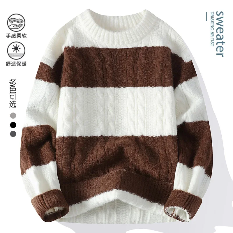 2024 Winter koreanischen Stil Pullover Männer Herren warme Pullover Herrenmode Pullover gestreifte Muster Herren Wollpullover männlich M-4XL