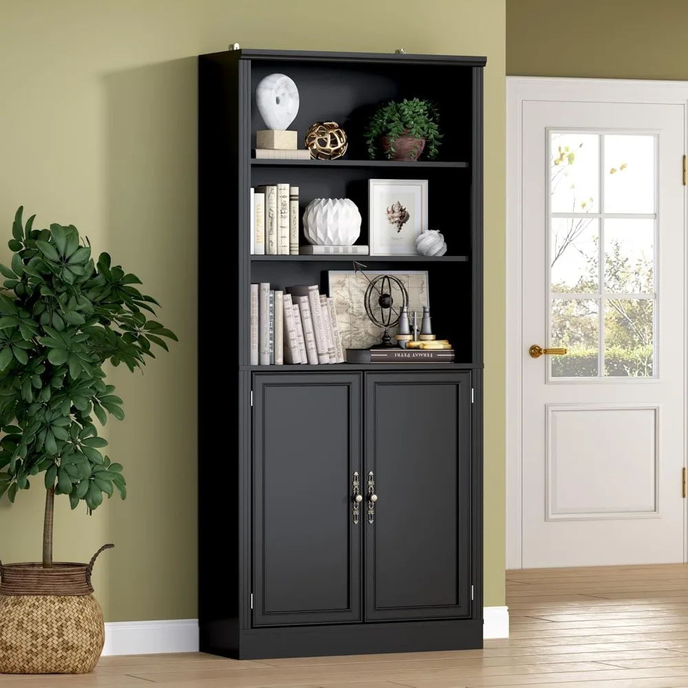 

71.4 Inch Tall 5-Tier Metal Bookshelf with Cabinet, Floor Standing Storage Unit with Adjustable Shelves and Doors