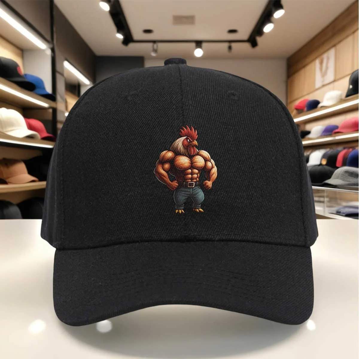 Muscle Chicken Print Baseball Cap, Funny Bodybuilding Rooster Design, Adjustable Hat for Casual Wear, Humor Style Cap