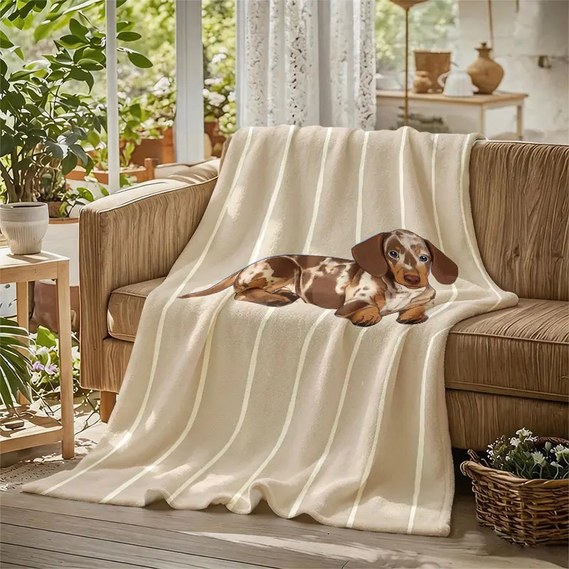 Dapple Dachshund Beige Flannel Blanket Perfect for Sofa Office Bed Travel Sleep Read Relax Camping Four Season Use