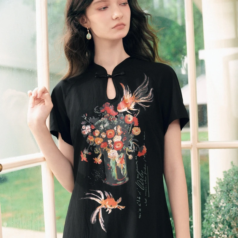 Summer New Chinese Style Mesh Patchwork Printed Frog Button Dress Women Floral Cheongsam Dress Women Elegant Ao Dai Dress